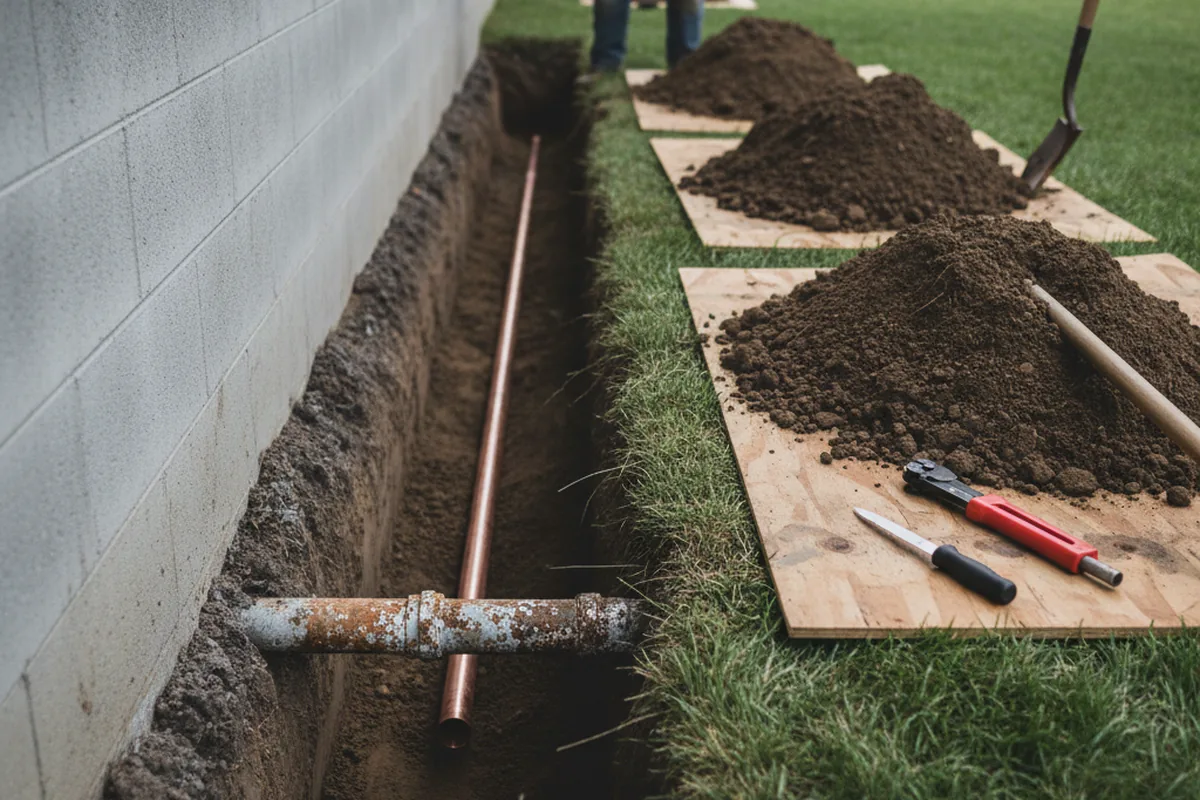 Excavated water line trench during Sewer Line Repair in Mountain View